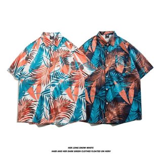 海灘碎花襯衫短袖男夏季薄款寬鬆潮流復古慵懶外套襯衫