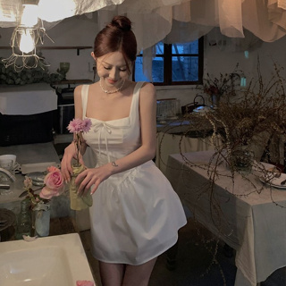 韓版休閒時尚白色吊帶洋裝女裝旅行度假無袖性感A字洋裝