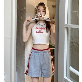 韓版學院風時尚撞色針織短褲女裝高腰鬆緊帶條紋卷邊休閒褲口袋直筒運動褲