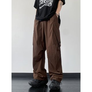 【M-3XL】美式復古棕色褶皺工裝長褲男設計感潮流直筒寬鬆褲子
