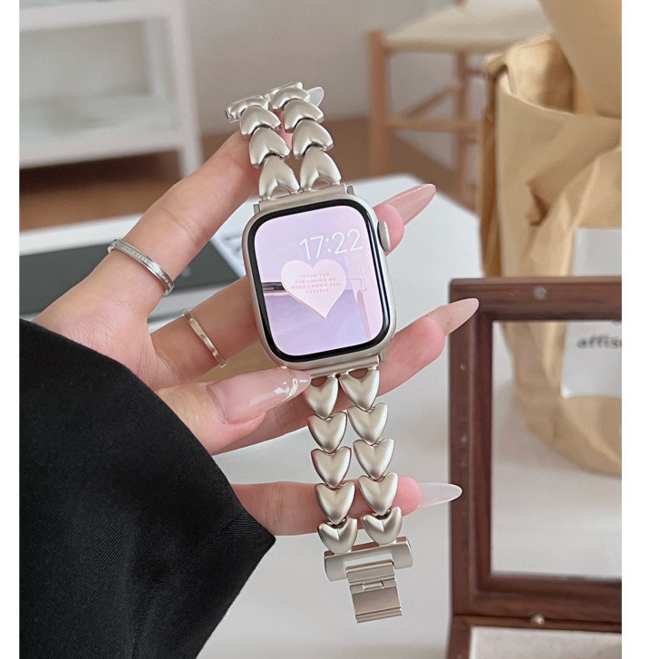 蘋果手錶Apple Watch 9代雙排鏈愛心錶帶  iwatch S9 8 7 6 SE不鏽鋼心型錶帶 女士錶帶