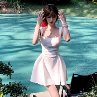 韓版旅行海邊度假白色吊帶洋裝女裝緊身收腰性感露背設計感蝴蝶結無袖A字洋裝