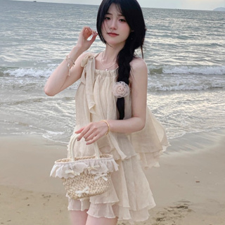韓版旅行海邊度假時尚套裝女裝高級設計寬鬆褶皺抽繩無袖上衣+高腰A字褲裙兩件套