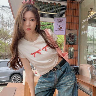 韓版個性街頭蝴蝶結刺繡T恤女裝緊身短版彈力圓領短袖T恤上衣純棉