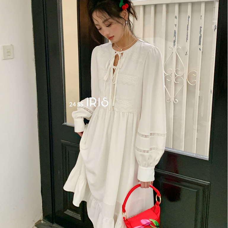 「原創設計」IRIS  x SG 系列 24新款 ID2471309 白色和平花長袖雪紡洋裝