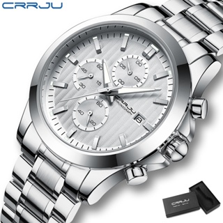 Crrju頂級奢華高端時尚商務氣質不銹鋼設計夜光指針石英防水多功能男士手錶2310