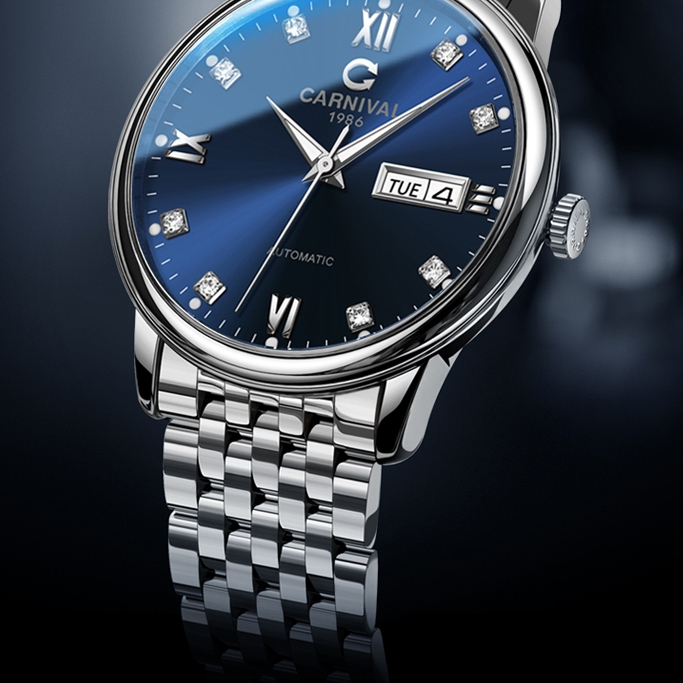 CARNIVAL嘉年華8099品牌機械錶夜光手錶男生防水商務男士手錶全自動機械錶不鏽鋼蝴蝶扣表帶雙顯男表