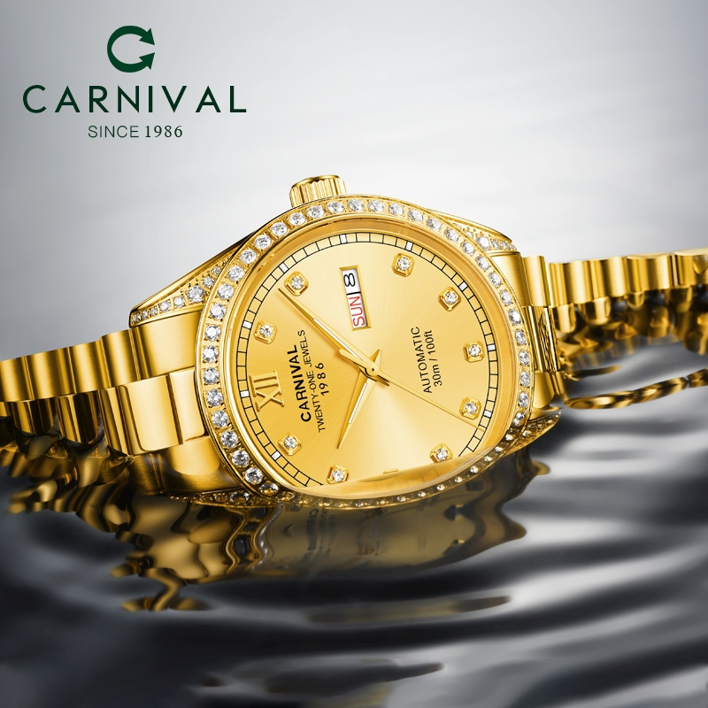 CARNIVAL嘉年華8907品牌機械錶日曆防水機械錶男士手錶奢華商務手錶男生機械錶全自動機械錶不鏽鋼蝴蝶扣表帶