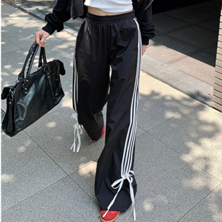 韓版個性街頭潮流黑色休閒運動褲女裝設計感寬鬆條紋蝴蝶結綁帶黑色闊腿長褲