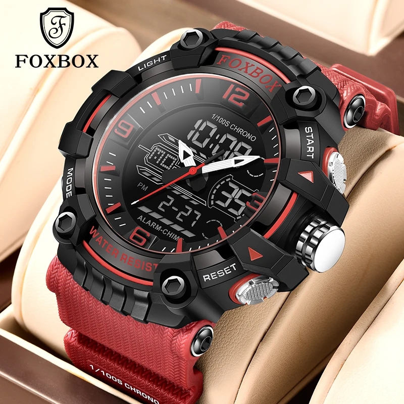 Foxbox 男士手錶數字原創運動雙時間防水 Led 鬧鐘秒錶運動手錶手錶