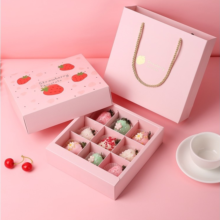 【現貨】【巧克力包裝盒】 草莓巧克力包裝盒 白色紙託手提袋 松露手工 diy星空禮 9粒訂製llogo