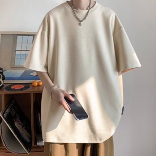 【M-3XL】素色麂皮絨短袖T恤男夏季寬鬆休閒百搭五分袖上衣