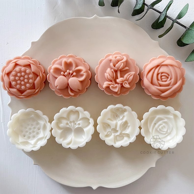 4件/套50g花卉月餅模具鬱金香櫻花玫瑰蓮花圖案餅乾郵票軟糖裝飾綠豆蛋糕工具