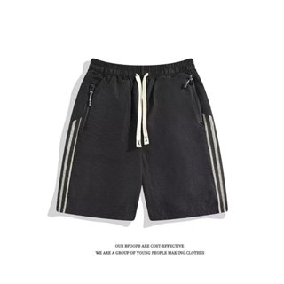 【M-2XL】美式速乾短褲男夏季條紋運動拉鍊口袋設計寬鬆五分褲