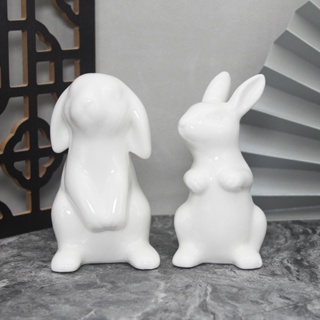 創意可愛陶瓷迷你兔子擺飾雕像公仔花園房子動物擺件節家居房間臥室桌面裝飾手繪胚胎ins簡約禮物
