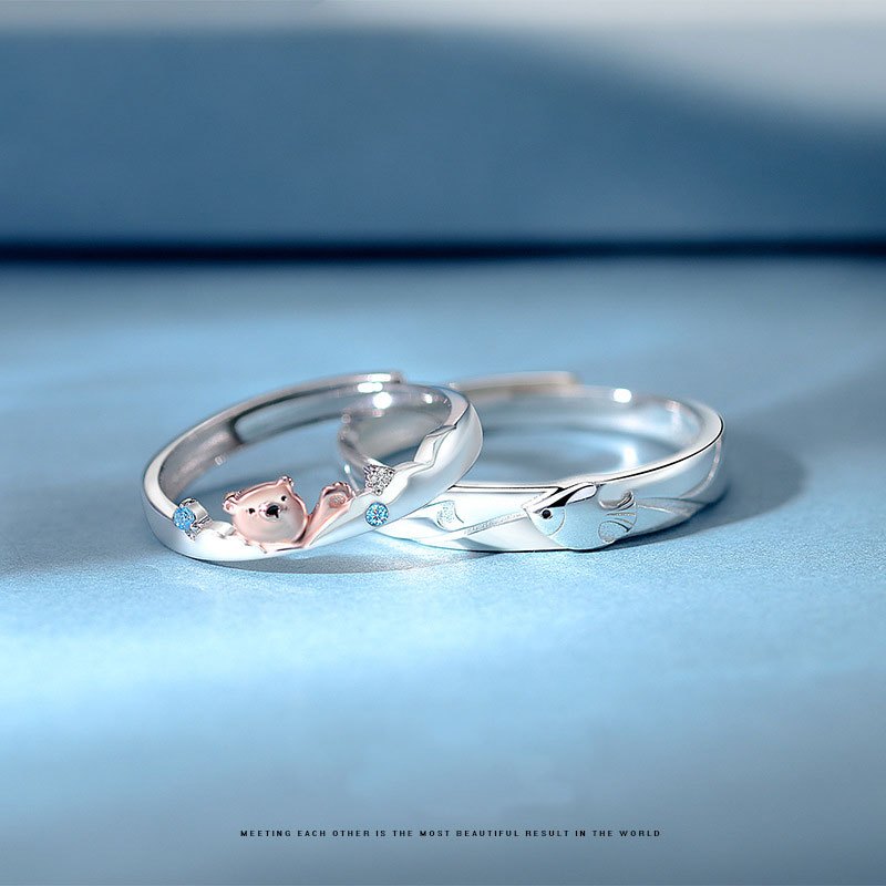 925 純銀情侶戒指,熊和魚設計,可調節尺寸,適合完美貼合
