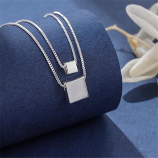 925純銀項鍊 時尚正方形方塊幾何雙層個性吊墜雙層項鍊 女款簡約創意氣質鎖骨鏈飾品禮物 CN003