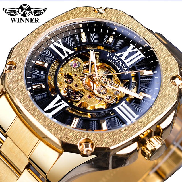 Winner 男士自動手錶蒸汽朋克三維錶盤設計全不銹鋼錶帶機械時鐘。男士