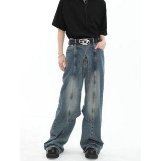 【S-3XL】小眾重工做舊水洗牛仔褲男設計感闊腿高街時尚長褲