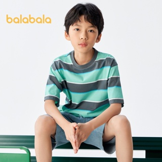 Balabala男童t恤兒童夏季兒童短袖純棉中大童時尚條紋酷打底t恤