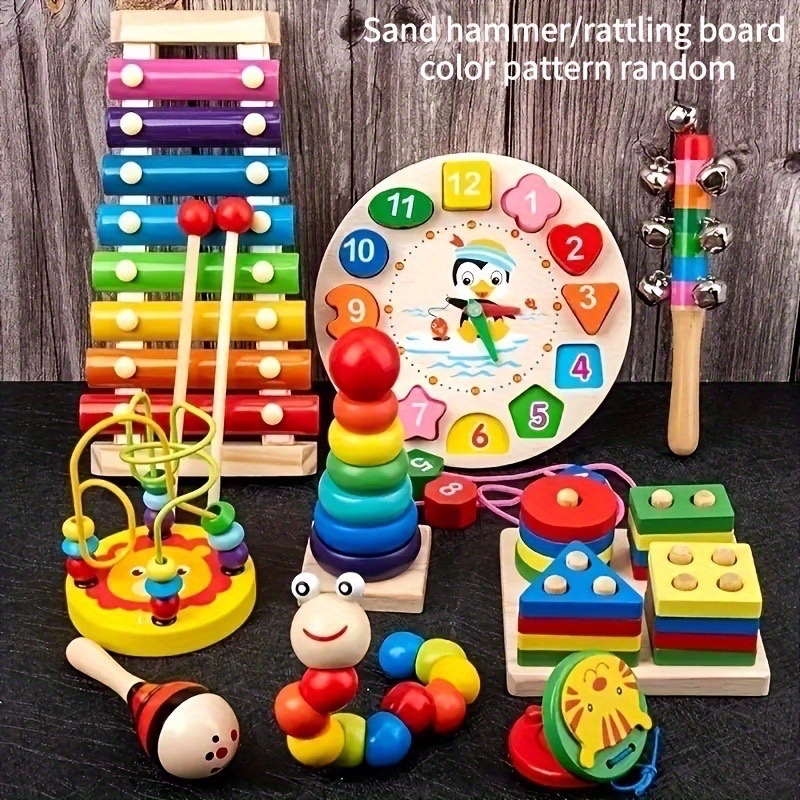 木製蒙特梭利玩具串珠搖鈴數字時鐘木琴樂器幼兒沙錘嬰幼兒童禮物
