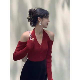 紅色短款針織襯衫女式掛脖露肩長袖上衣