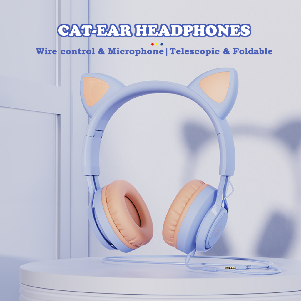 網課耳機貓耳朵可愛兒童麥克風線控便攜電腦手機耳麥