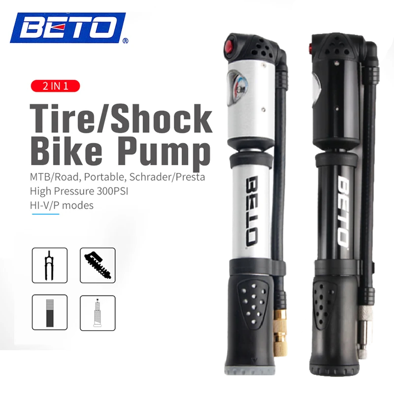 Beto MP-036 自行車打氣筒 2 in1Shock&amp;Tire 迷你自行車打氣筒,帶量規,用於前叉和後懸架 MTB