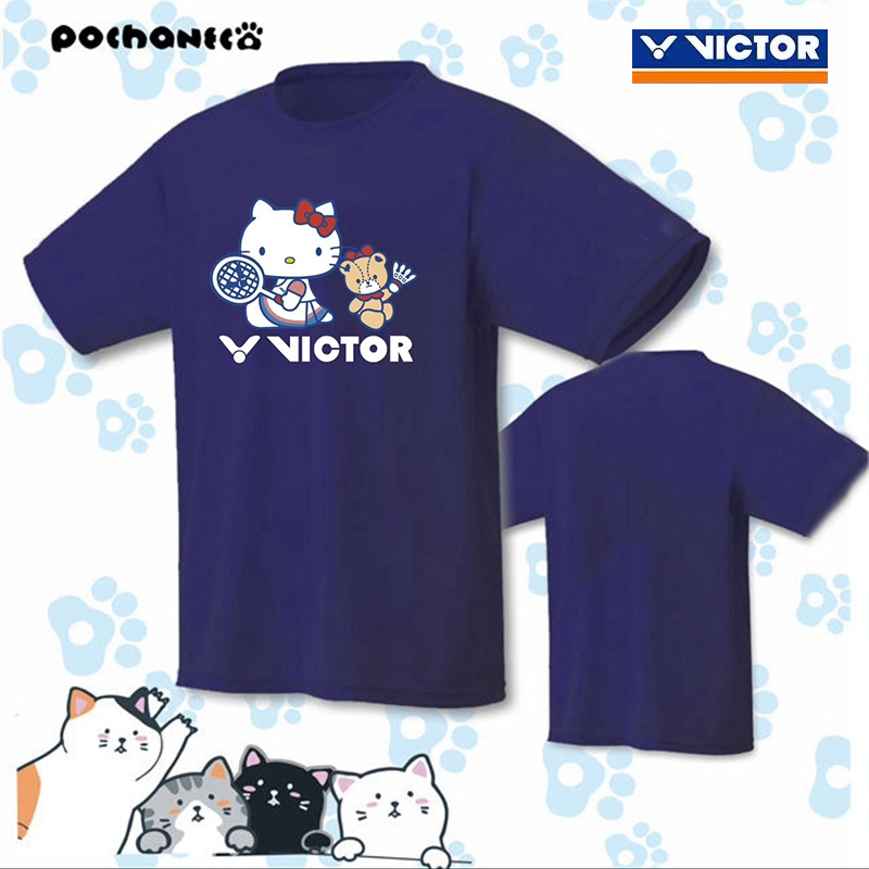 Victor 2024新款男女羽毛球運動衫短袖定制文化衫舒適純棉運動上衣“Hello Kitty”