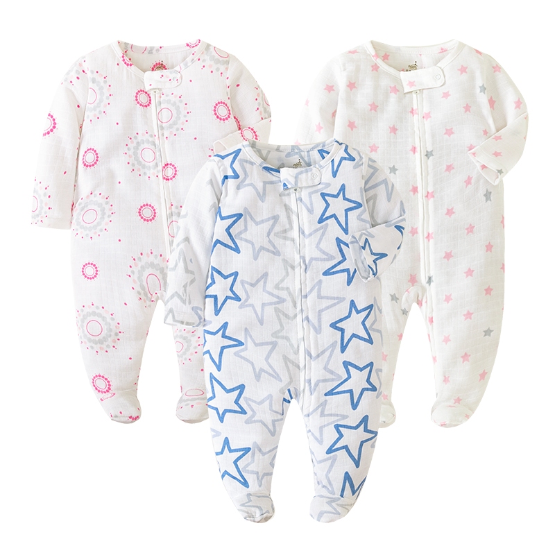 0-9個月嬰兒連身衣新生女孩男孩衣服長袖睡衣工作服拉鍊紗布薄款連身衣
