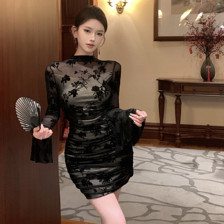 法式聚會派對性感黑色蕾絲洋裝女裝緊身收腰彈力圓領長袖網紗拼接刺繡緊身洋裝