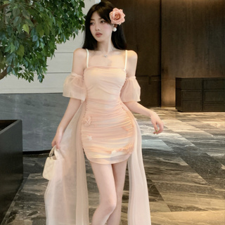 法式聚會派對性感粉色網紗洋裝女裝高級設計立體花朵裝飾緊身收腰包臀緊身吊帶雪紡洋裝