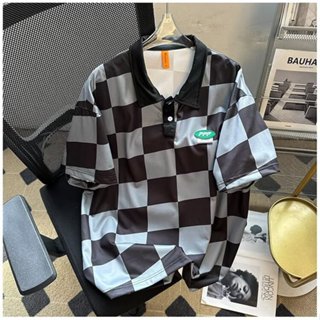 【M-2XL】男士Polo衫短袖T恤夏季薄款棋盤格翻領寬鬆休閒短袖上衣