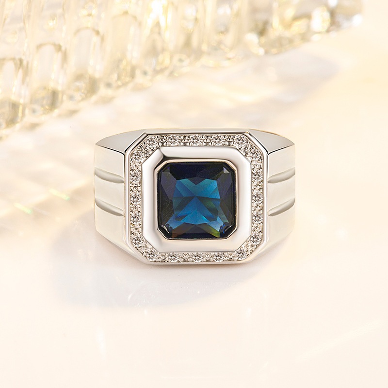 微鑲鋯石大藍寶石戒指男璀璨方形藍水晶商務男士戒指