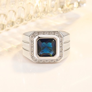 微鑲鋯石大藍寶石戒指男璀璨方形藍水晶商務男士戒指