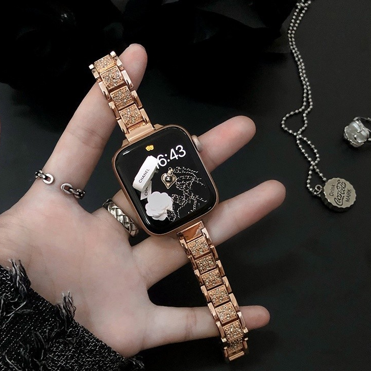 現貨Apple Watch 細版滿鑽錶帶 不鏽鋼錶帶  S9 S8 S6 S7 SE女士錶帶