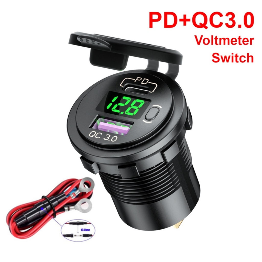12v 24V 汽車 PD C 型 QC3.0 USB 快速充電器插座,帶 ON OFF 開關 LED 電壓表電源插座快