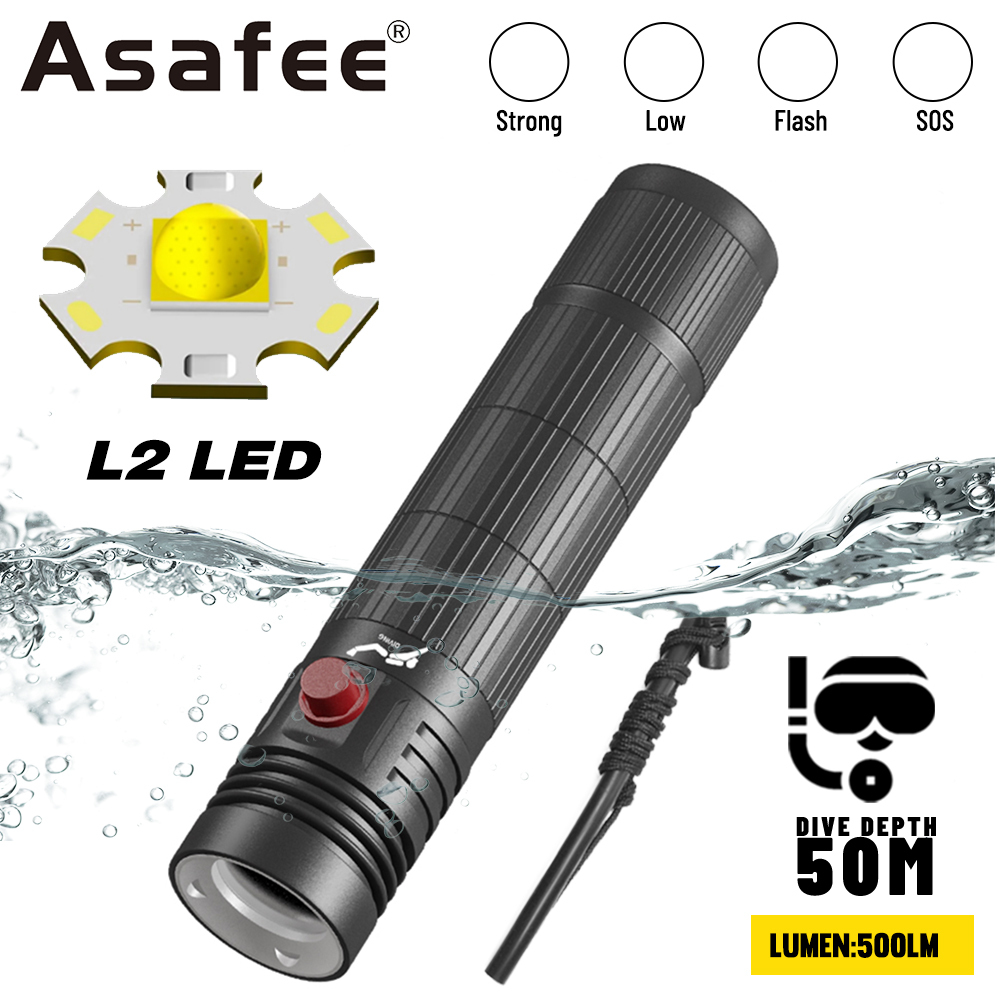 Asafee D901 便攜式超亮潛水水肺手電筒 L2 LED 水下 50M 手電筒手電筒 4 速推入式磁性開關,使用