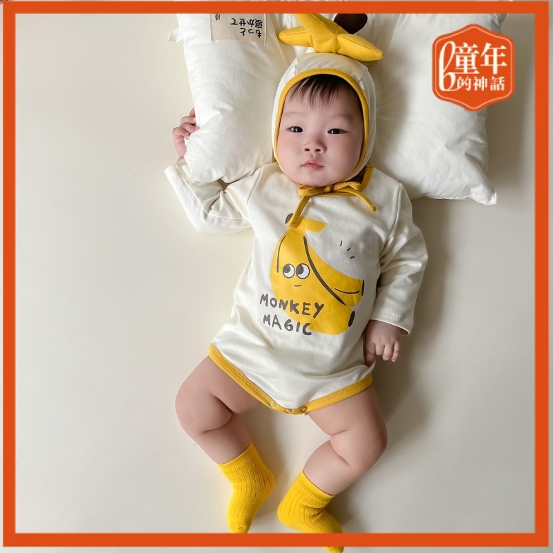 2024秋款 韓版嬰兒連身衣ins款香蕉 造型印花哈衣 寶寶包屁衣 帶帽子