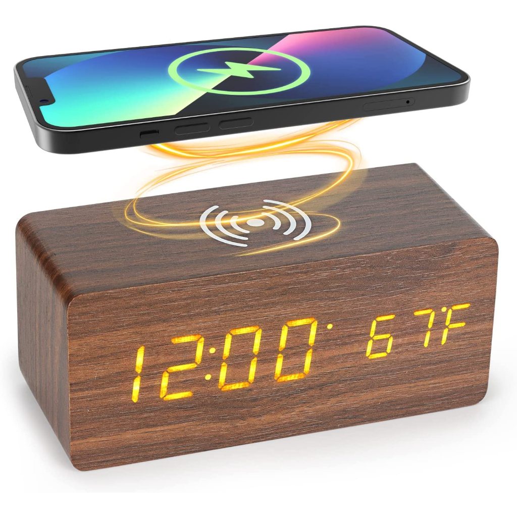 LED木紋鐘5W無線充電 木頭鐘 聲控LED鐘 鬧鐘 時尚 數位電子鬧鈴 USB供電 木頭夜燈 時鐘 溫度 濕度 溫濕度