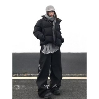 【M-3XL】美式高街黑色運動褲男女春秋季條紋寬鬆直筒抽繩休閒長褲