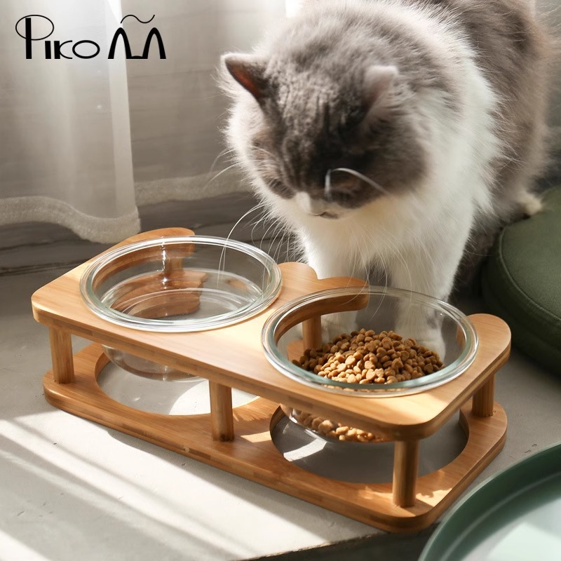 貓餵食碗狗糧碗高腳保護頸椎雙層玻璃碗
