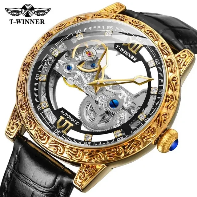 Winner 鏤空設計新到貨豪華夜光自動手錶自動上鍊皮革錶帶鋼機械男士手錶