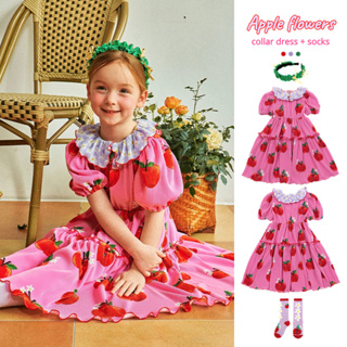 【BK】現貨夏季女童洋裝泡泡短袖公主洋裝甜美可愛女童連身裙蘋果印花褶邊裙