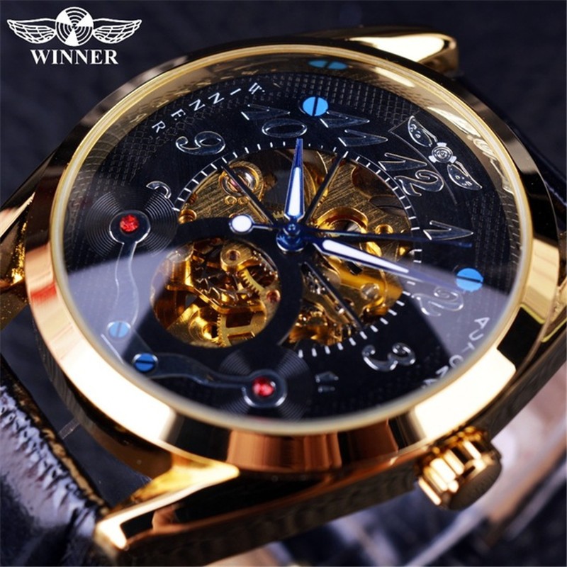 Winner 時尚休閒黑色錶盤金色錶殼設計師男士手錶頂級品牌豪華自動鏤空豪華手錶男士時鐘男士