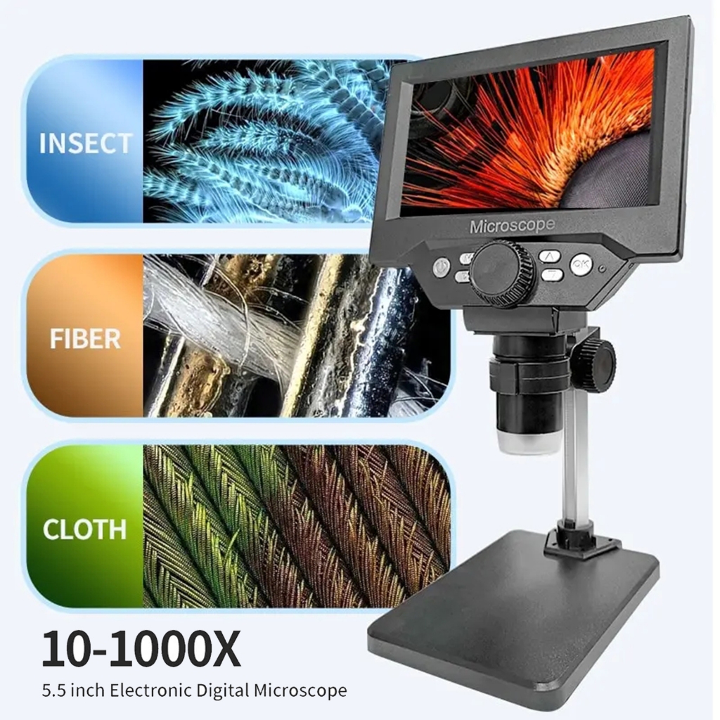 5.5" LCD 數碼顯微鏡 1000X 1080P 硬幣顯微鏡放大鏡,帶支架焊接顯微鏡,用於電子維修
