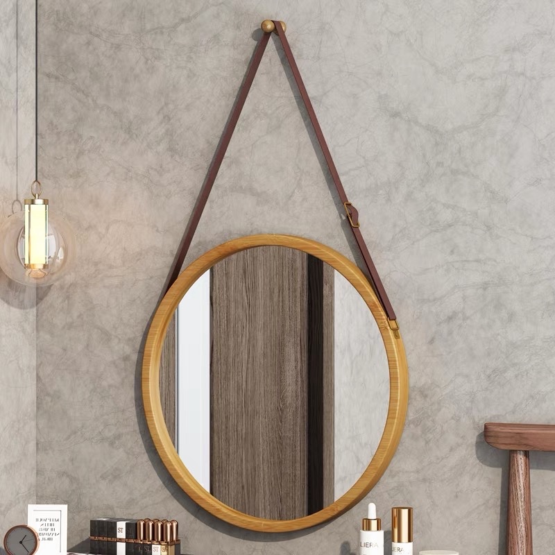 實木鏡 北歐鏡 梳妝鏡 圓鏡 創意白色掛鏡藝術化妝鏡壁掛浴室鏡衛生間鏡子