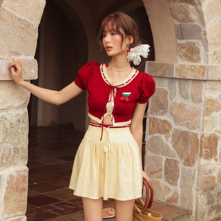 韓版小清新淑女紅色針織小外套女裝緊身短版抽繩櫻桃裝飾設計短袖圓領針織上衣