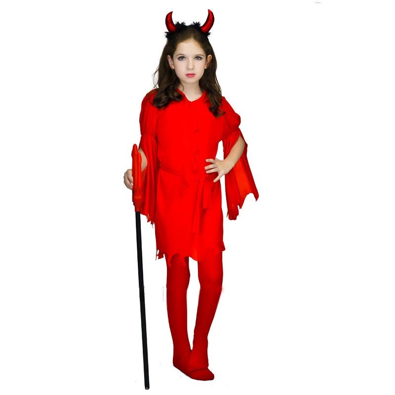 女嬰紅色小惡魔角色扮演兒童兒童地獄惡魔死亡服裝嘉年華普珥節角色扮演表演派對禮服