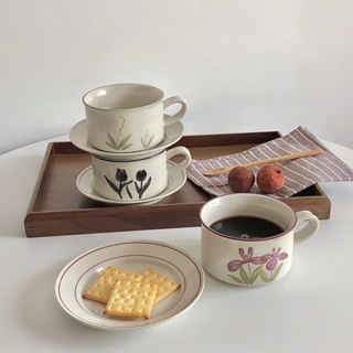 陶土手繪中古風陶瓷咖啡杯碟套裝 鬱金香鈴蘭咖啡杯 可愛杯子 咖啡杯組 花茶杯 馬克杯韓國 咖啡杯盤組